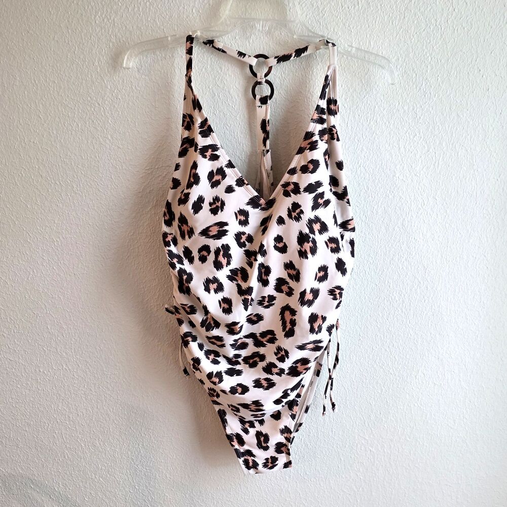 Kona Sol Swimsuit Womens XL Leopard Print One Piece Racerback Ring Side Ruching